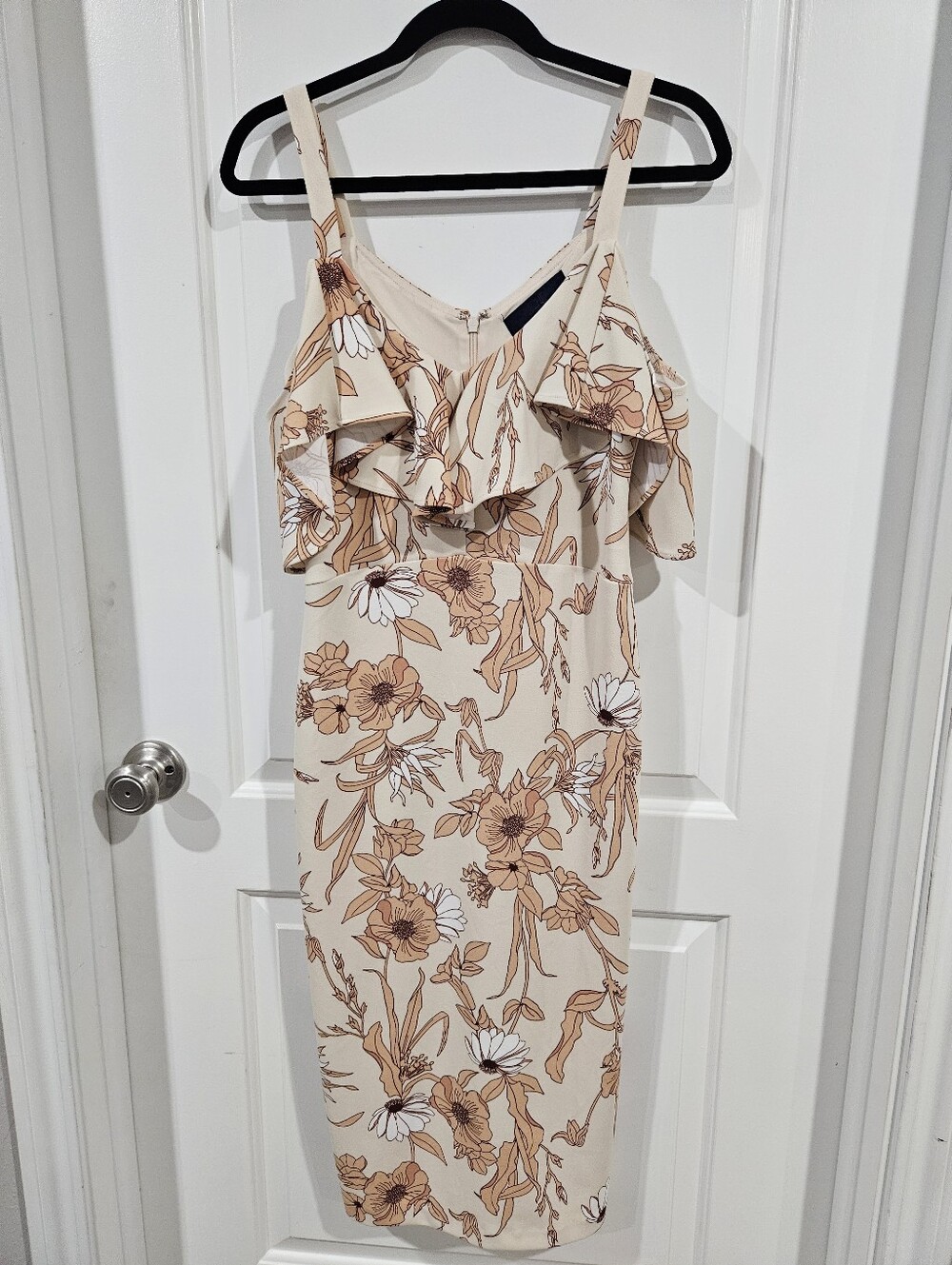 Rachel Roy Cream Midi Dress with Tan Floral Print and Ruffle
